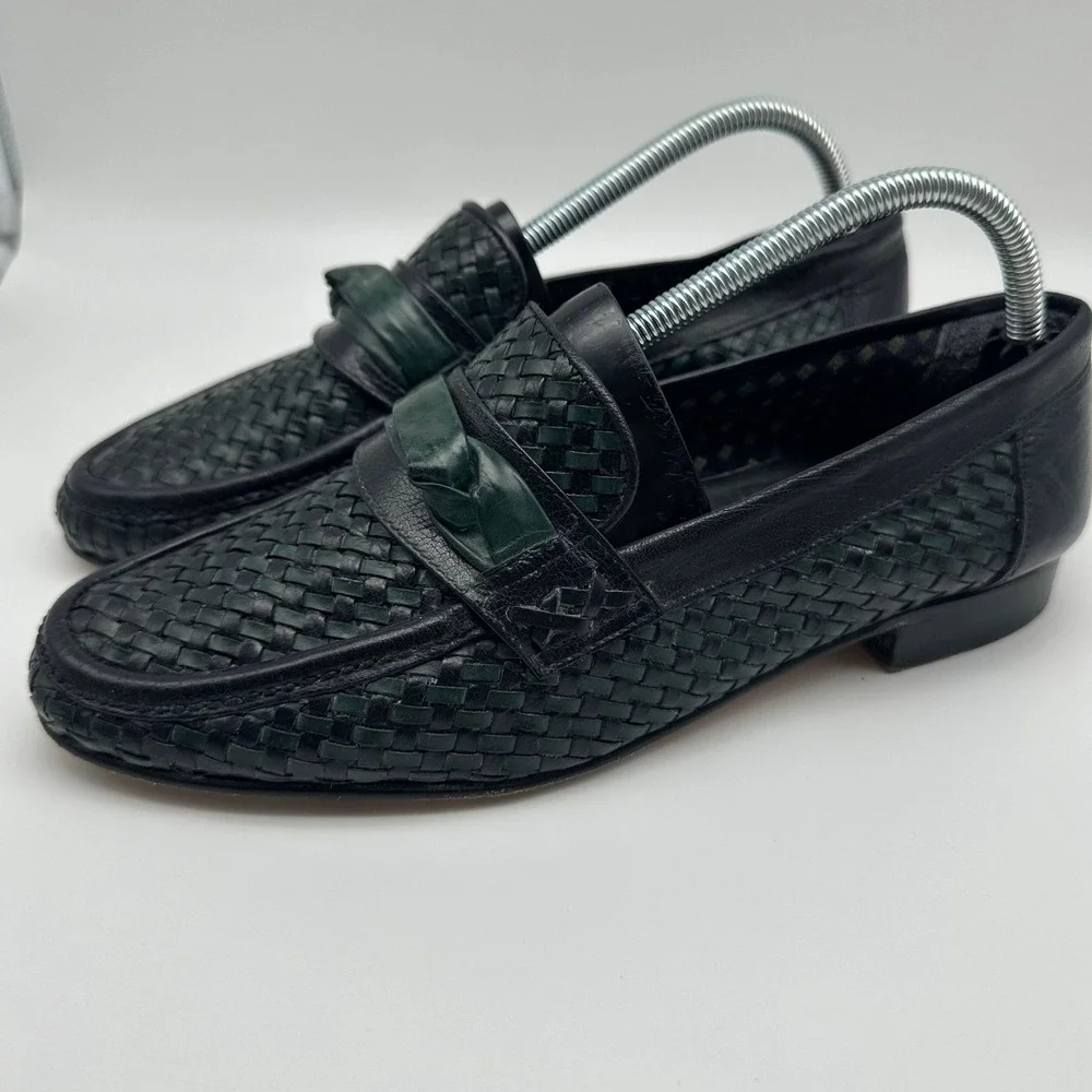 DANIELE FERRADINI Italian Soft Leather Loafers - Black Green Weave - Mens Size 9